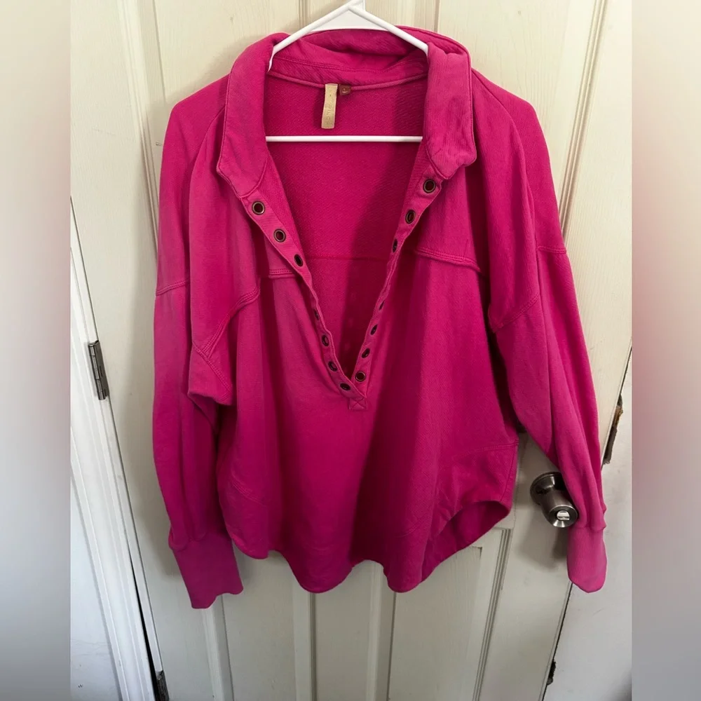Pilcor Sweatshirt Womens L Pink Collared V Neck Grommet Eyelets Terry Pullover - Picture 2 of 14